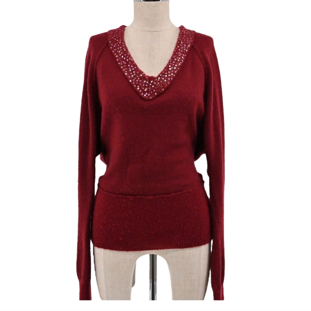 FREE PEOPLE Sweater Womens Size Lg Get On The Glitz Wool VNeck Sequin Burgundy